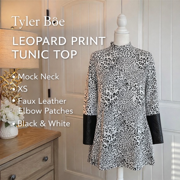 Tyler Boe Tops - Tyler Böe Leopard Mock Neck Tunic Top XS Faux Leather Elbow Patches Black White
